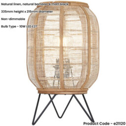 Loops Natural Linen & Natural Bamboo Table Lamp - Matt Black Shade - 335mm Tall Light - 10W Led E27 - thumbnail 2