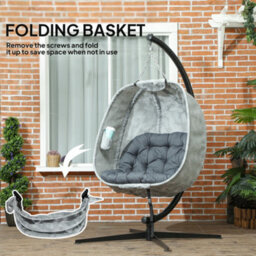 Outsunny Hanging Egg Chair Outdoor Indoor Swing Chair, Folding Basket, Grey - thumbnail 6