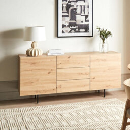 Wyld And Coco Scandinavian Sideboard, Light Brown Laminated Finish, 2 Door 3 Drawer Storage Unit, W163 X D41 X H72Cm - thumbnail 2