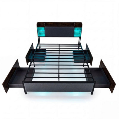 King Size Bed Frame Industrial Platform Bed W/ Led Lights & Charging Station - image 1