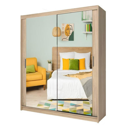 Ie Milan Sliding Mirror Door Wardrobe With Drawers & Shelves - Modern Bedroom Wardrobe, Oak,  (180 Cm X 216Cm ) - image 1