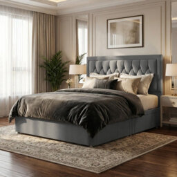 "Adore Designs Diamond Cut Bumper Plush Velvet Divan Bed, 50"" Headboard & Mattress - 4Ft Small Double - Grey - 2 Drawers Foot End" - thumbnail 1