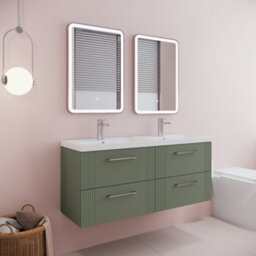 Balterley Belvide Partial Fluted 4 Drawer Wall Hung Vanity Unit With Double Polymarble Basin - 1200mm - Satin Green - thumbnail 4