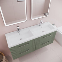 Balterley Belvide Partial Fluted 4 Drawer Wall Hung Vanity Unit With Double Polymarble Basin - 1200mm - Satin Green - thumbnail 3