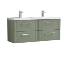 Balterley Belvide Partial Fluted 4 Drawer Wall Hung Vanity Unit With Double Polymarble Basin - 1200mm - Satin Green - thumbnail 1