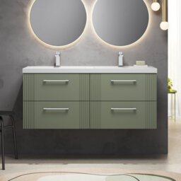 Balterley Belvide Partial Fluted 4 Drawer Wall Hung Vanity Unit With Double Polymarble Basin - 1200mm - Satin Green - thumbnail 2