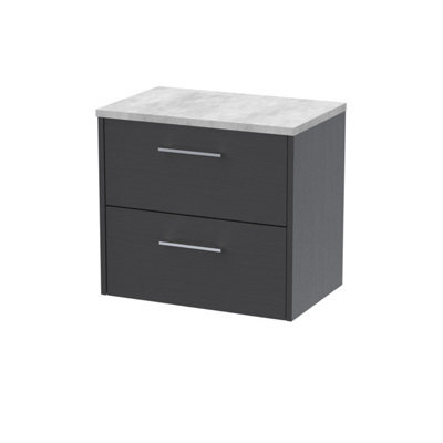Hudson Reed Juno Wall Hung 2 Soft Close Drawer Vanity Unit With Laminate Worktop In Graphite Grey Woodgrain Finish, 605mm - image 1