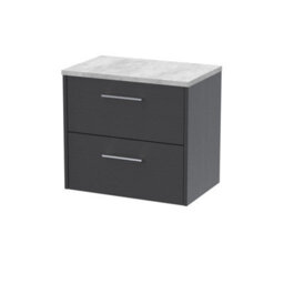 Hudson Reed Juno Wall Hung 2 Soft Close Drawer Vanity Unit With Laminate Worktop In Graphite Grey Woodgrain Finish, 605mm - thumbnail 1