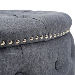 Living And Home Dark Grey Round Linen Upholstered Deep Buttoned Ottoman With Studded Edge Dia 750 X H 350 mm - thumbnail 6