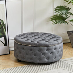 Living And Home Dark Grey Round Linen Upholstered Deep Buttoned Ottoman With Studded Edge Dia 750 X H 350 mm - thumbnail 1