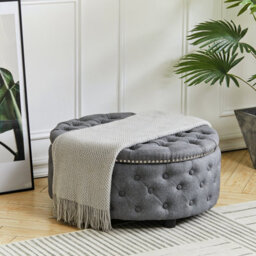 Living And Home Dark Grey Round Linen Upholstered Deep Buttoned Ottoman With Studded Edge Dia 750 X H 350 mm - thumbnail 2