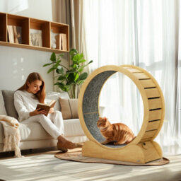 "Pawhut Cat Treadmill, 39.4"" Wooden Cat Running Wheel With Brake, Natural" - thumbnail 1
