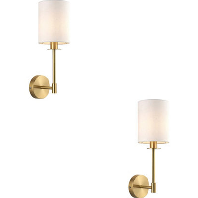 Loops 2 Pack Satin Brass Dimmable Wall Light - Modern Vintage White Cylinder Shade - 6W Led E14 - image 1