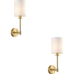 Loops 2 Pack Satin Brass Dimmable Wall Light - Modern Vintage White Cylinder Shade - 6W Led E14 - thumbnail 1
