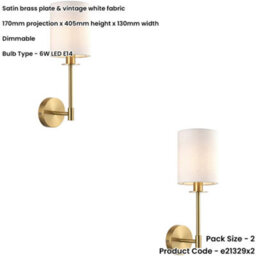 Loops 2 Pack Satin Brass Dimmable Wall Light - Modern Vintage White Cylinder Shade - 6W Led E14 - thumbnail 2