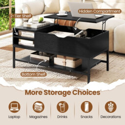 Costway Lift Top Coffee Table With Shelf Wooden Lifting Living Room Table-Black - thumbnail 7