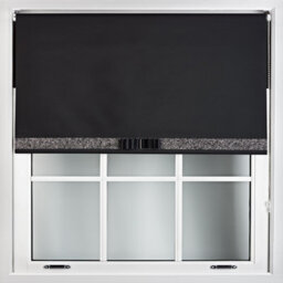 Furnished Black Fabric Blackout Roller Blind With Decorative Black Glitter & Black Bow - Trimmable (W)60Cm X (L)210Cm