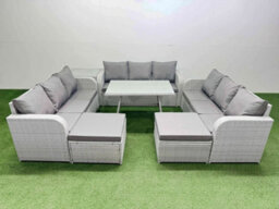 Fimous 11 Seat Outdoor Pe Rattan Garden Furniture With Cushions 3 Seater Sofa Side Table 2 Big Stools Light Grey