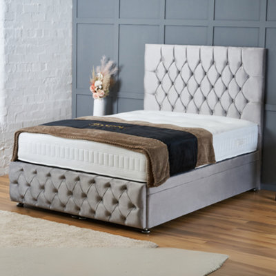 Bsspoke Mulberry Ottoman Divan Bed Silver Plush Velvet 54Inch Headboard & Footboard No Mattress 3Ft 4Ft 4Ft6 5Ft 6Ft - image 1