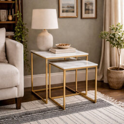 Wyld Haus Vodskov White Marble Effect Nesting Side Tables Set Of 2 Gold Legs - thumbnail 1
