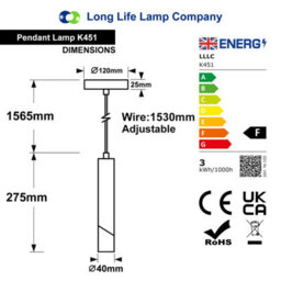 Long Life Lamps Company 3W Brushed Brass Led Tube Ceiling Pendant Light 3000K K451 - thumbnail 2