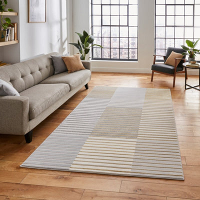 Grey Gold Striped Modern Easy To Clean Dining Room Rug-120Cm X 170Cm - image 1