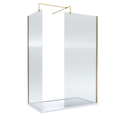 Balterley 8mm Fluted Glass Walk In Wetroom Screens With Brushed Brass Profile And White Shower Tray - 1400 X 800mm - image 1
