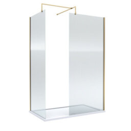 Balterley 8mm Fluted Glass Walk In Wetroom Screens With Brushed Brass Profile And White Shower Tray - 1400 X 800mm - thumbnail 1