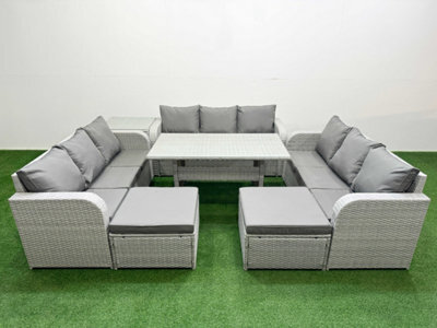 Fimous Pe Rattan Lounge Sofa Set Outdoor Garden Furniture Set Rectangular Dining Table 3 Seater Sofa 2 Big Footstools Side Table - image 1