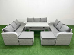 Fimous Pe Rattan Lounge Sofa Set Outdoor Garden Furniture Set Rectangular Dining Table 3 Seater Sofa 2 Big Footstools Side Table - thumbnail 1