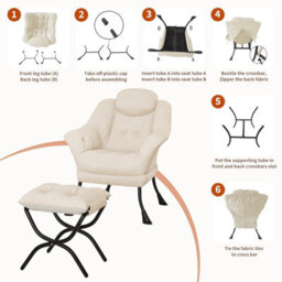 Modern Soft Lounge Chair Set, Ottoman, Upholstered Sofa With Armrests, Side Pocket, Living Room Seating, White - thumbnail 5