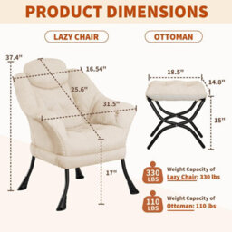 Modern Soft Lounge Chair Set, Ottoman, Upholstered Sofa With Armrests, Side Pocket, Living Room Seating, White - thumbnail 4