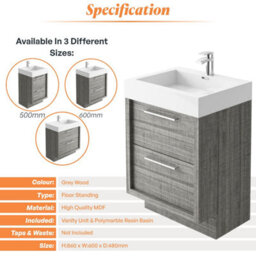 Plum&clay Walter Grey Wood Floor Standing Bathroom Vanity Unit With Polymarble Resin Basin (W)600mm - thumbnail 5