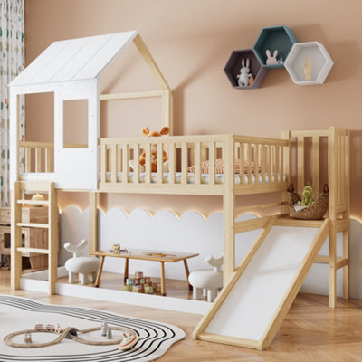 Btm Kids High Sleeper Bed 3Ft Single Wooden Bed Frame With Slide Roof And Windows Storage Space White 90X190Cm - image 1