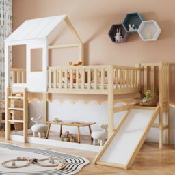 Btm Kids High Sleeper Bed 3Ft Single Wooden Bed Frame With Slide Roof And Windows Storage Space White 90X190Cm - thumbnail 1