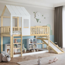 Btm Kids High Sleeper Bed 3Ft Single Wooden Bed Frame With Slide Roof And Windows Storage Space White 90X190Cm - thumbnail 5