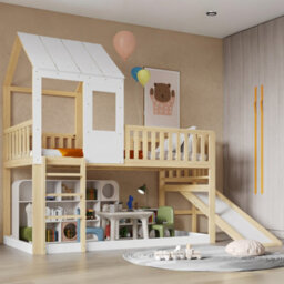 Btm Kids High Sleeper Bed 3Ft Single Wooden Bed Frame With Slide Roof And Windows Storage Space White 90X190Cm - thumbnail 7