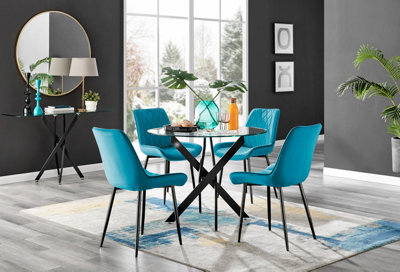 Furniturebox Novara Clear Tempered Glass 100Cm Round Dining Table With Black Starburst Legs & 4 Blue Pesaro Soft Velvet Chairs - image 1