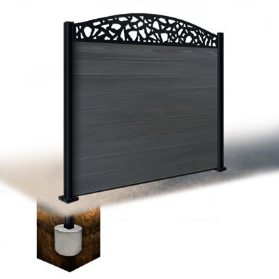 Easycomposite 5Ft Composite Fence Panel & Aluminium Post Sunken In Ground - Anthracite Boards & Pebble Curved Topper Trellis - image 1