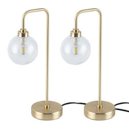 First Choice Lighting Set Of 2 Toner - Satin Brass With Clear Glass Globe Table Lamps