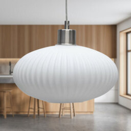 First Choice Lighting Baton - White Ribbed Oval Glass With Satin Nickel Pendant Fitting - thumbnail 3