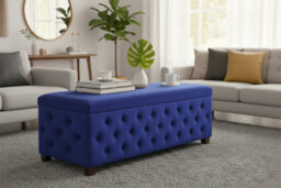 120Cm Wide Empire Ottoman Storage Box With Legs, Sapphire Blue Velvet Chesterfield Upholstered Ottoman Footstool Coffee Table