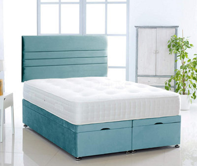 Comfy Deluxe Ice Blue  Plush Foot Lift Ottoman Bed With Memory Spring Mattress And  Horizontal   Headboard 5.0Ft King Size - image 1