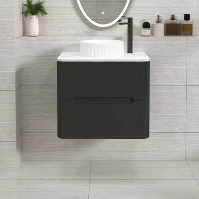 Royal Bathrooms Venice 600mm Matt Nocturne Black Wall Mounted Bathroom Countertop Vanity Unit 2 Drawer With Round Basin - image 1