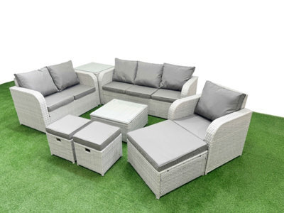 Fimous 9 Seater Outdoor Rattan Furniture Sofa Sets Reclining Chair Loveseat Sofa 3 Seater Sofa Stool Side Table Light Grey - image 1