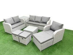 Fimous 9 Seater Outdoor Rattan Furniture Sofa Sets Reclining Chair Loveseat Sofa 3 Seater Sofa Stool Side Table Light Grey