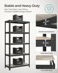 Songmics Industrial Adjustable Storage Shelves, 5 Tier Unit, For Living Room, Kitchen, Garage, Greige And Black - thumbnail 3