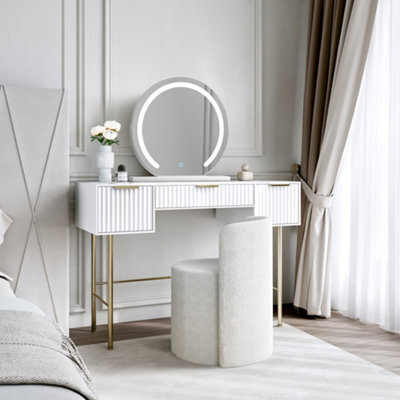 CARME Home Lara White Dressing Table With Elsie Led Mirror (White Base) & Lottie Bouclé Stool - image 1