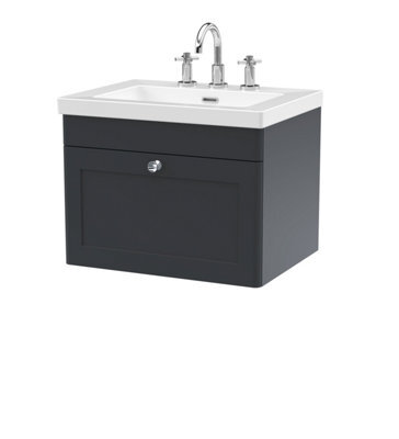 Balterley Swynnerton Traditional 1 Drawer Wall Hung Vanity Unit With Fireclay Basin, Dark Grey, 600mm - image 1