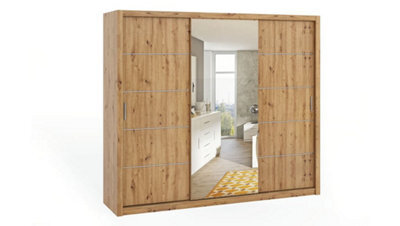 Arte Bono Sliding Door Wardrobe With Centre Mirror - Spacious Bedroom Storage In Oak Artisan - W2500mm X H2150mm X D620mm - image 1